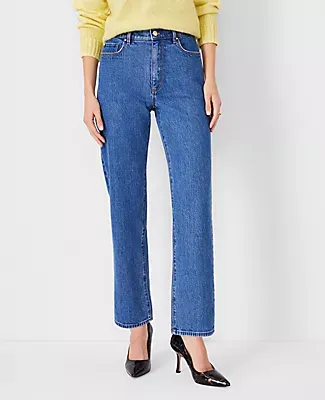 Ann Taylor Petite High Rise Straight Jeans Vintage Mid Indigo Wash