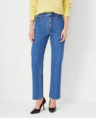 Ann Taylor Petite High Rise Straight Jeans Vintage Mid Indigo Wash