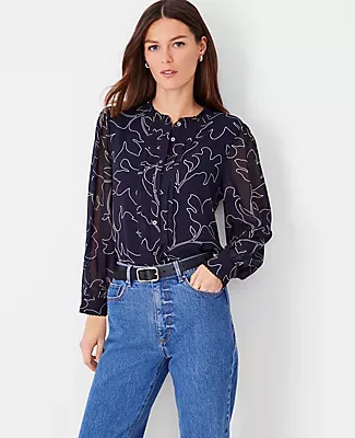 Ann Taylor Petite Floral Mixed Media Ruffle Pleated Top