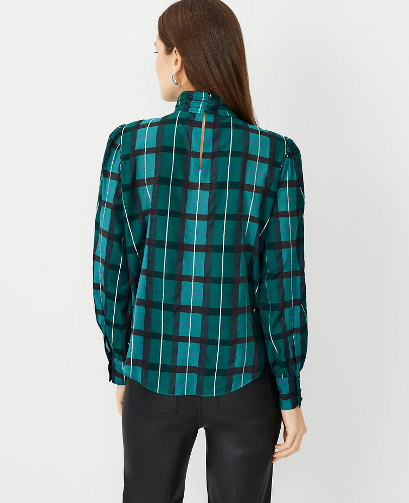 Ann Taylor Tall Shimmer Plaid Pintucked Mock Neck Popover Top Size 2XL Green Marais Women's