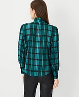 Ann Taylor Tall Shimmer Plaid Pintucked Mock Neck Popover Top Size 2XL Green Marais Women's