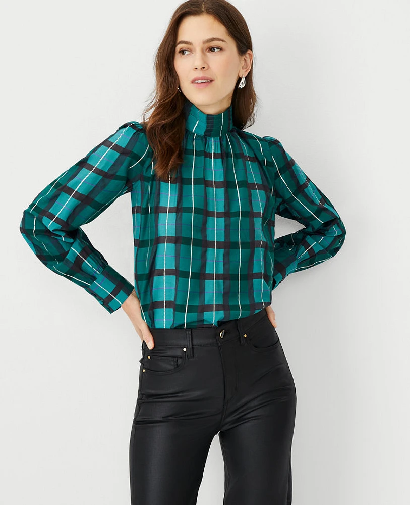 Ann Taylor Tall Shimmer Plaid Pintucked Mock Neck Popover Top Size 2XL Green Marais Women's