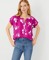 Ann Taylor Floral Linen Framed Popover Top Magenta Shadow Women's