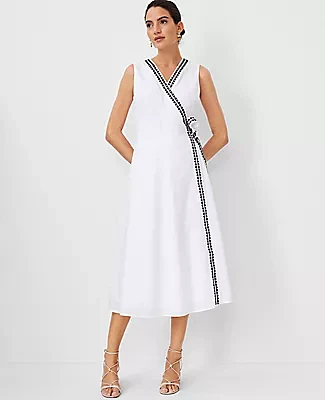 Ann Taylor Embroidered Trim V-Neck Flare Midi Dress