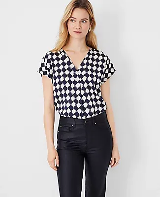 Ann Taylor Houndstooth Mixed Media Pleated Top