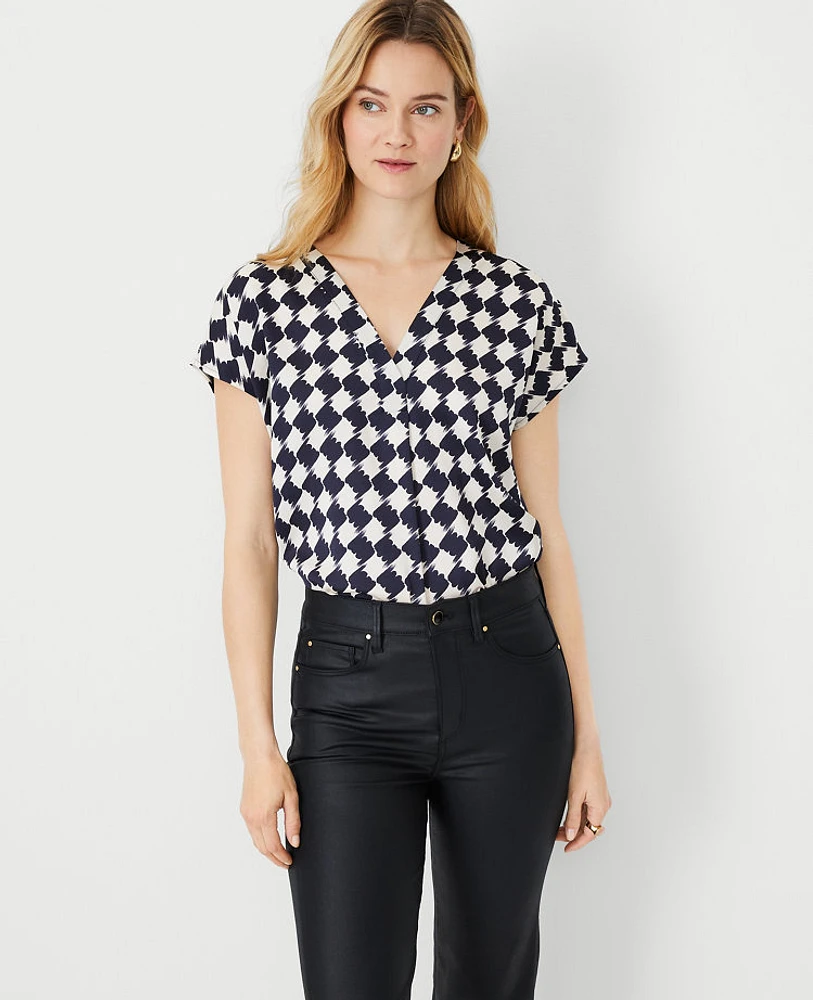 Ann Taylor Houndstooth Mixed Media Pleated Top Size 2XS Night Sky Women's