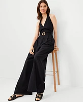 Ann Taylor Linen Blend Belted Halter Jumpsuit Black Women's