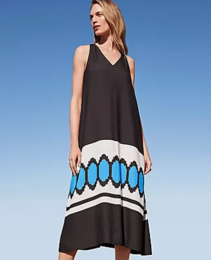 Ann Taylor Geo Border Linen Blend V-Neck Maxi Dress