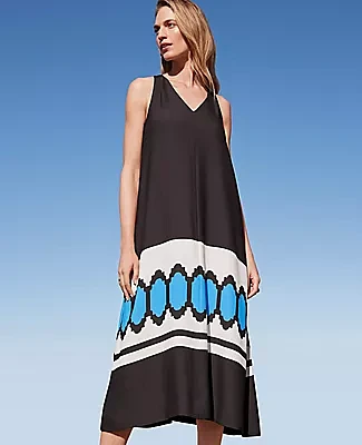 Ann Taylor Geo Border Linen Blend V-Neck Midi Dress