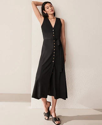 Ann Taylor V-Neck Button Flare Midi Dress Black Women's