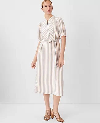 Ann Taylor Striped Puff Sleeve Midi Shift Dress