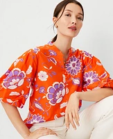 Ann Taylor Petite Floral Cotton Blend Pleated Sleeve Popover Top Flame Azalea Women's