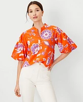 Ann Taylor Petite Floral Cotton Blend Pleated Sleeve Popover Top Flame Azalea Women's