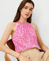 Ann Taylor Floral Pleat Neck Halter Top Bold Pink Women's