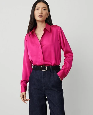 Ann Taylor Satin Essential Shirt Hot Pink Poppy Women's