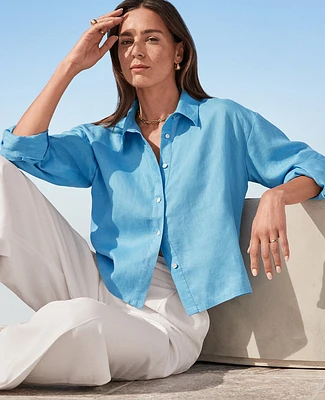 Ann Taylor Petite Cropped Linen Shirt Cerulean Blue Women's