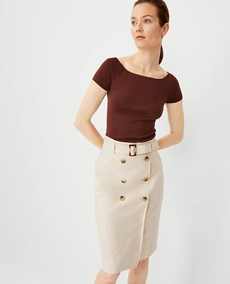 Ann Taylor Pinstripe Belted Button Wrap Pencil Skirt Pearl Linen Women's