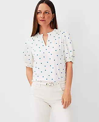 Ann Taylor Dotted Ruffle Neck Popover Top