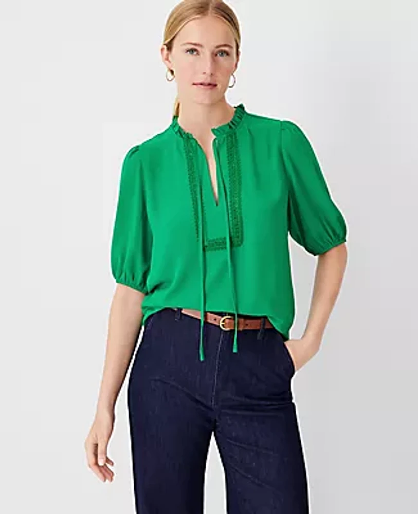 Ann Taylor Petite Ruffle Tie Neck Mixed Media Top