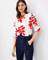 Ann Taylor Leaf Ruffle Mixed Media Puff Sleeve Top