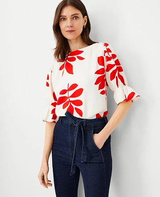 Ann Taylor Leaf Ruffle Mixed Media Puff Sleeve Top Fiery Red Women's