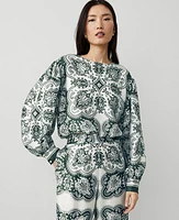 Ann Taylor Petite Paisley Satin Shirred Bubble Top Dried Cilantro Women's