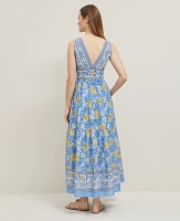 Ann Taylor Floral V-Neck Flare Maxi Dress Maritime Blue Women's