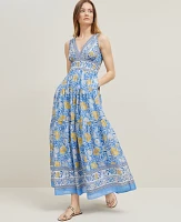 Ann Taylor Floral V-Neck Flare Maxi Dress Maritime Blue Women's