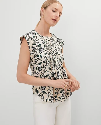 Ann Taylor Linen Blend Floral Pintucked Top Sands Edge Women's