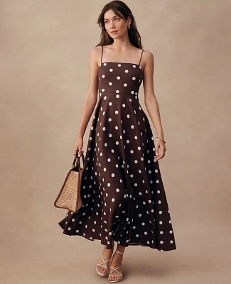 Ann Taylor Dotted Linen Blend Midi Dress Size 8 Rich Walnut Women's