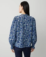 Ann Taylor Petite Floral Cutout Smocked Cuff Blouse Dark Periwinkle Women's