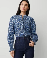 Ann Taylor Petite Floral Cutout Smocked Cuff Blouse Dark Periwinkle Women's