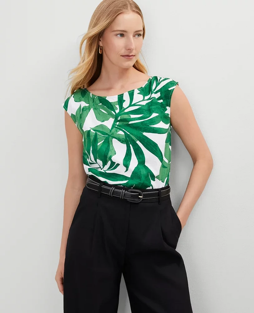 Ann Taylor Floral Linen Blend Top Leafy Green Women's