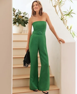 Ann Taylor Belted Strapless Linen Blend Jumpsuit Natural Green Women's