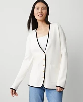 Ann Taylor Petite Tipped V-Neck Sweater Blazer Winter White Women's