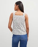 Ann Taylor Floral Linen Blend Tie Waist Top Winter White Women's