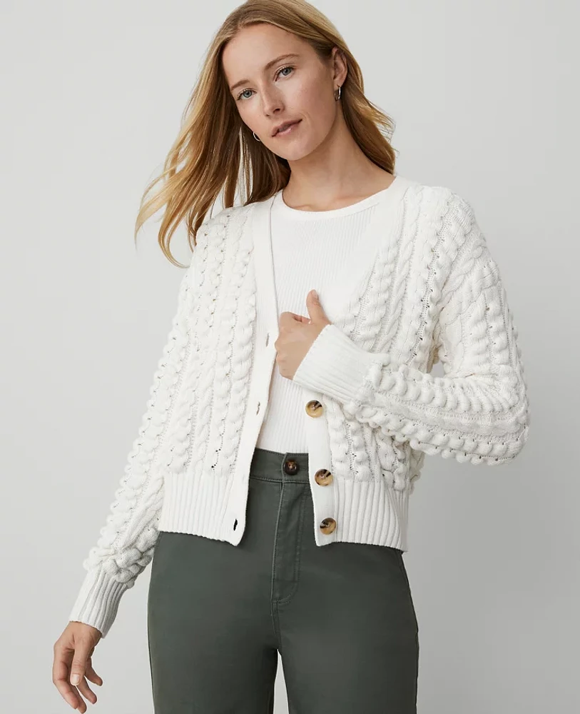 Ann Taylor Petite Stitched V-Neck Cardigan Winter White Women's