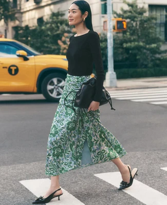 Ann Taylor Petite Floral Ruched Midi Skirt Mellow Mint Women's