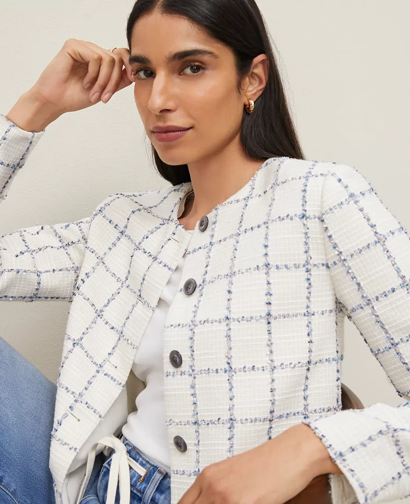 Ann Taylor Tweed Crew Neck Jacket Size 14 Blue Glint Neutral Women's