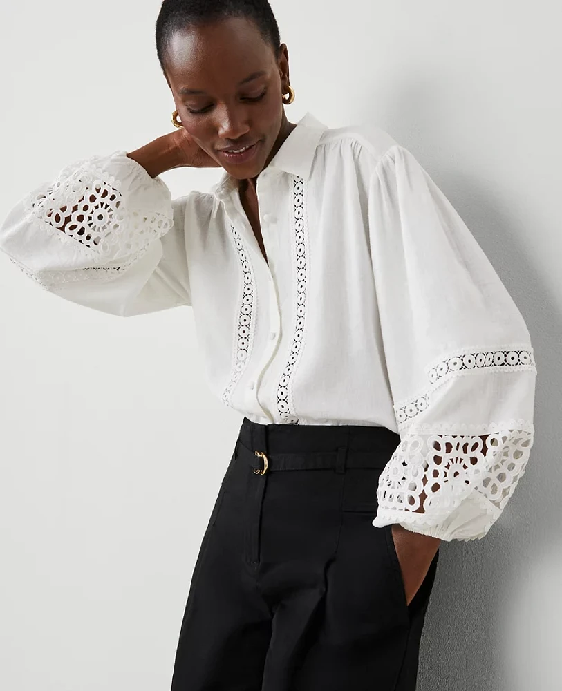 Ann Taylor Embroidered Linen-Blend Puff Sleeve Blouse White Women's