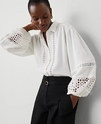 Ann Taylor Embroidered Linen-Blend Puff Sleeve Blouse White Women's