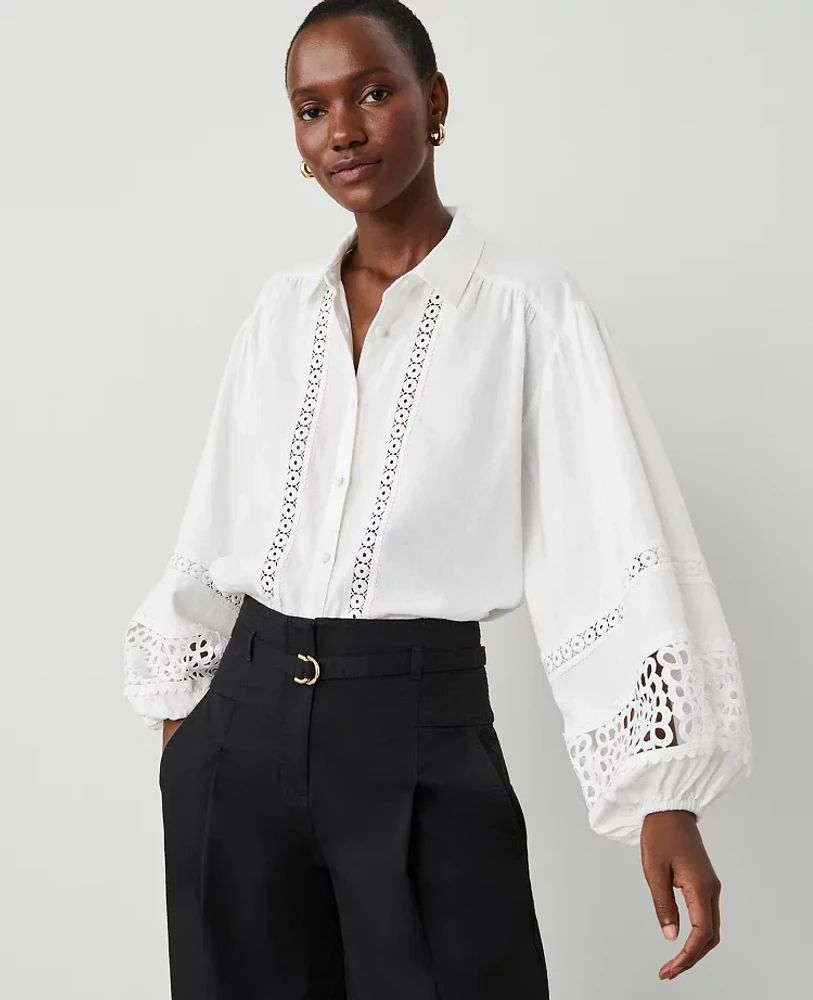 Ann Taylor Embroidered Linen Blend Puff Sleeve Blouse White Women's