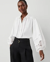 Ann Taylor Embroidered Linen-Blend Puff Sleeve Blouse White Women's