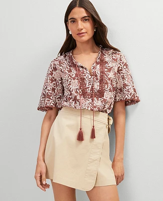 Ann Taylor Weekend Collection Floral Tie Neck Blouse Apple Butter Women's