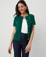 Ann Taylor Metallic Button Short-Sleeve Cardigan Fresh Evergreen Women's