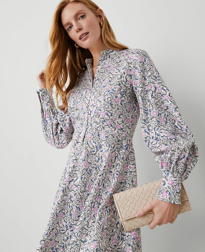 Ann Taylor Floral Puff Sleeve Flare Dress Orchid Glow Women's