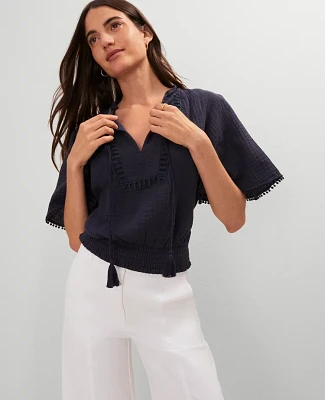 Ann Taylor Weekend Collection Linen Blend Tie Neck Blouse Women's