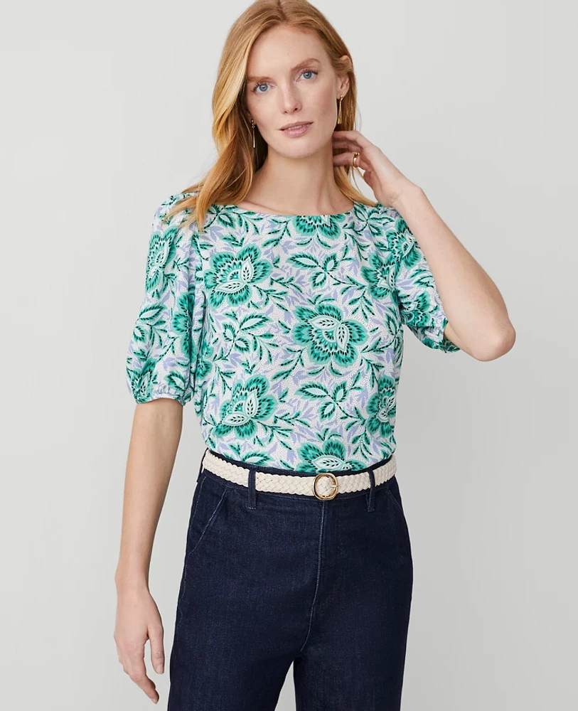 Ann Taylor Floral Boatneck Popover Top Mellow Mint Women's