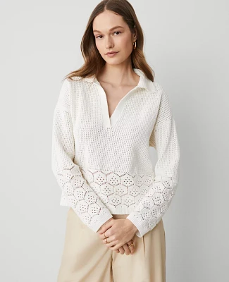Ann Taylor Crochet Collared Sweater White Women's