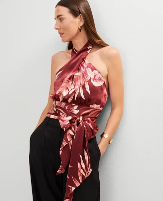 Ann Taylor Studio Collection Twist Halter Top Tropical Print Raspberry Truffle Women's